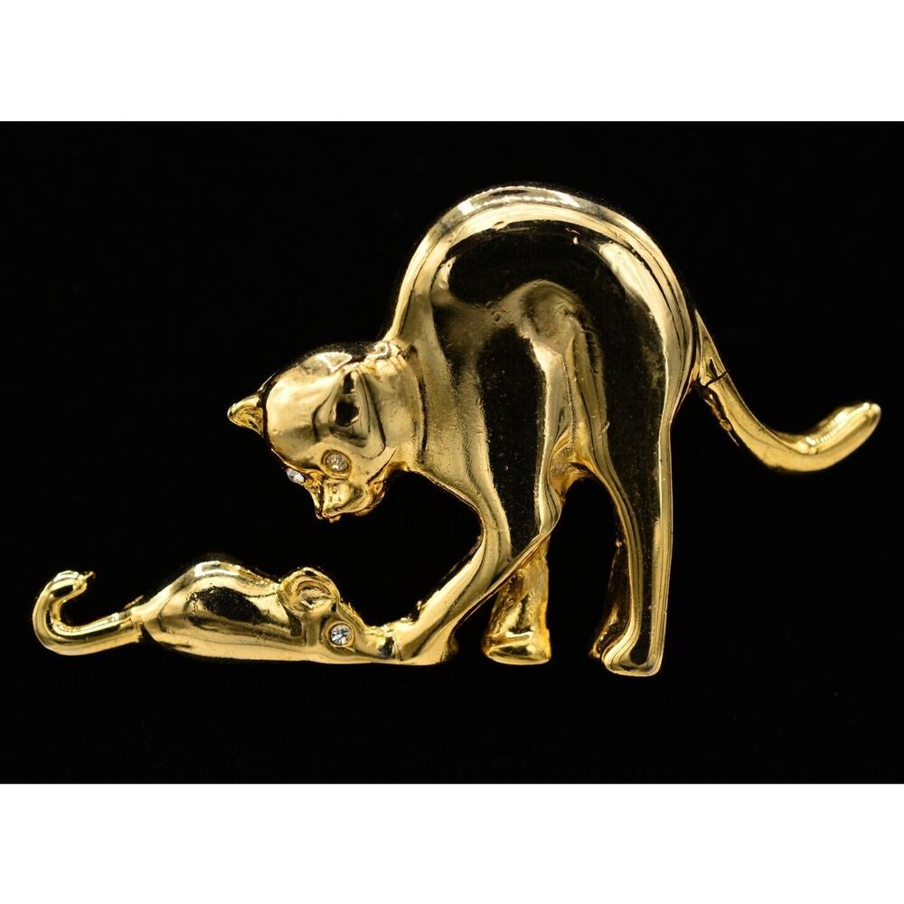 Vintage Cat Mouse Pin Brooch Rhinestone Gold Tone Playful Chunky NOS 1980s BinA5